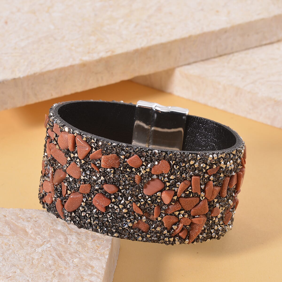 Gold Sandstone and Gray Austrian Crystal Bracelet in Silvertone (7.50 In) image number 1