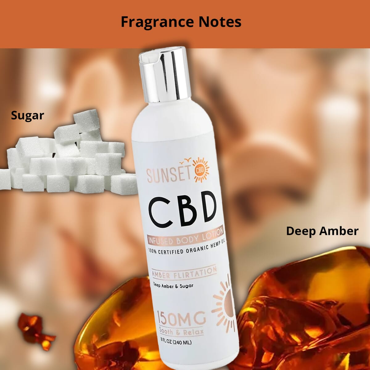 Sunset CBD Infused Lotion 150MG - Amber Flirtation (Deep Amber & Sugar) image number 1