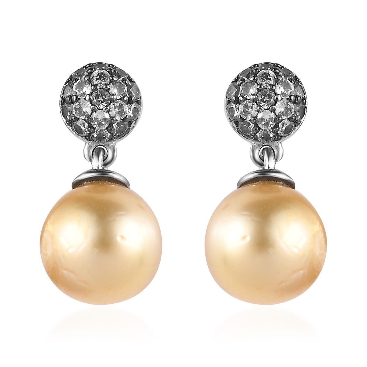 South Sea Golden Pearl and Brown Zircon Drop Earrings in Platinum Over Sterling Silver 0.50 ctw image number 0