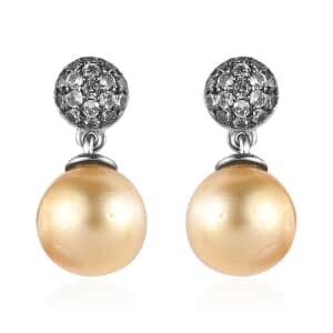 South Sea Golden Pearl and Brown Zircon Drop Earrings in Platinum Over Sterling Silver 0.50 ctw