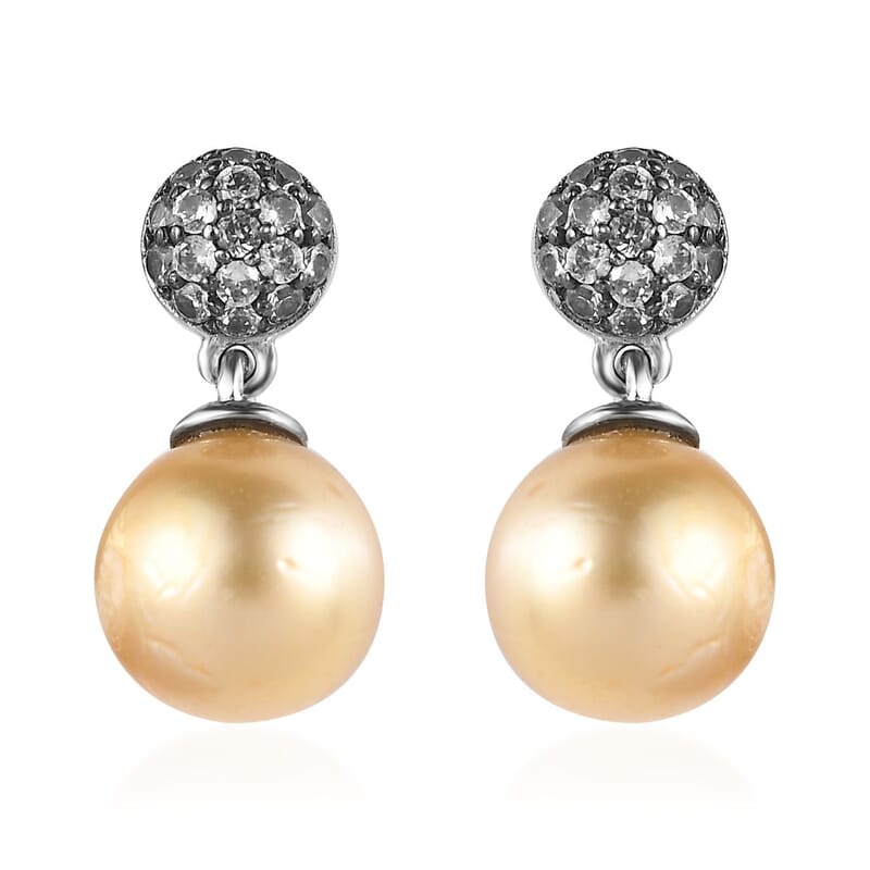 South Sea Golden Pearl and Brown Zircon Drop Earrings in Platinum Over Sterling Silver 0.50 ctw