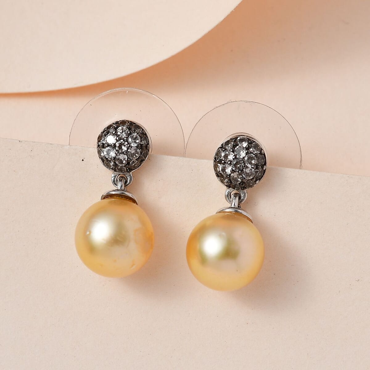 South Sea Golden Pearl and Brown Zircon Drop Earrings in Platinum Over Sterling Silver 0.50 ctw image number 1