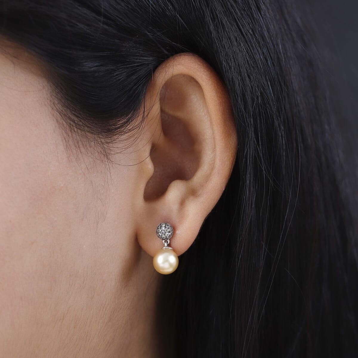 South Sea Golden Pearl and Brown Zircon Drop Earrings in Platinum Over Sterling Silver 0.50 ctw image number 2