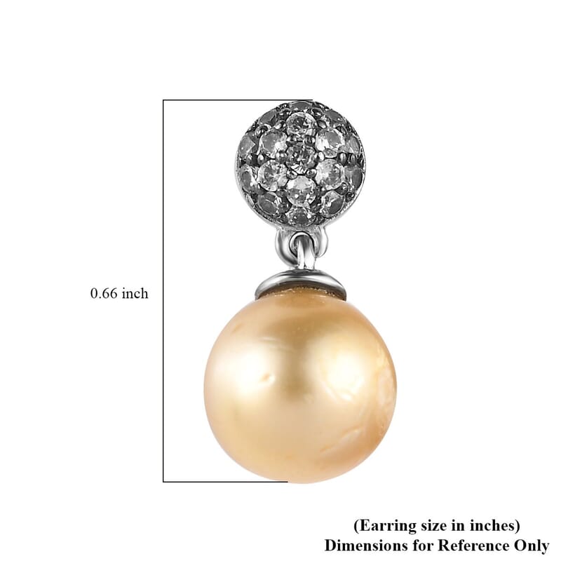 South Sea Golden Pearl and Brown Zircon Drop Earrings in Platinum Over Sterling Silver 0.50 ctw