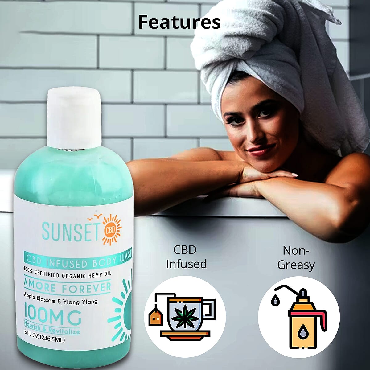 Sunset CBD Infused Body Wash 100MG - Amore Forever (Apple Blossom & Ylang Ylang) image number 2