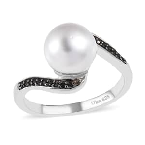 South Sea White Pearl and Thai Black Spinel Bypass Ring in Platinum Over Sterling Silver 0.15 ctw