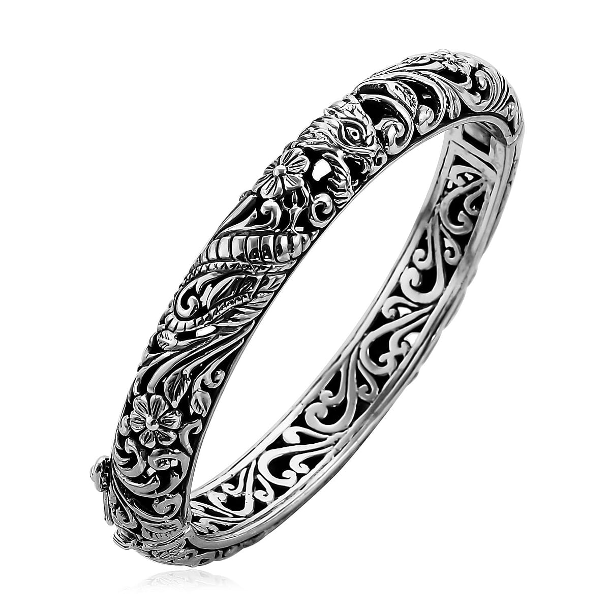 Bali Legacy Sterling Silver Dragon Bangle Bracelet (7.25 In) 47.20 Grams image number 4