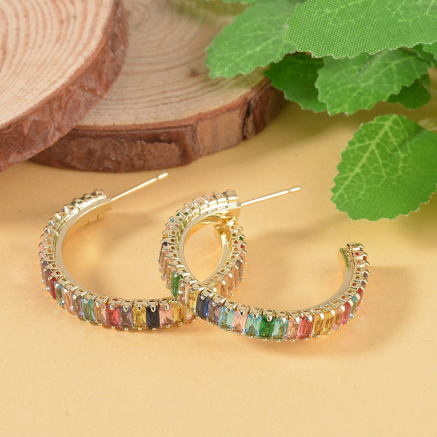 Simulated Multi Color Diamond and Glass Hoop Earrings in Goldtone