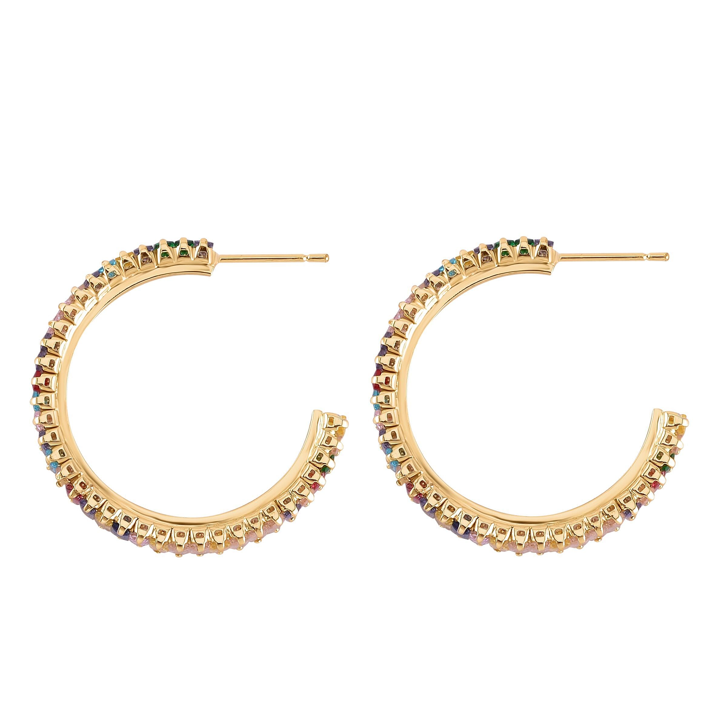 Simulated Multi Color Diamond and Glass Hoop Earrings in Goldtone