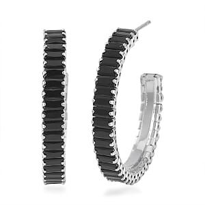 Simulated Black Diamond Hoop Earrings in Silvertone