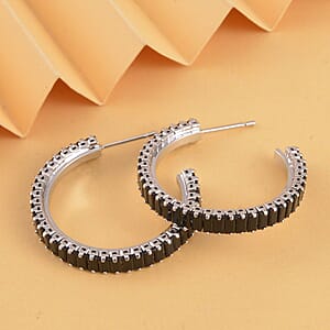 Simulated Black Diamond Hoop Earrings in Silvertone