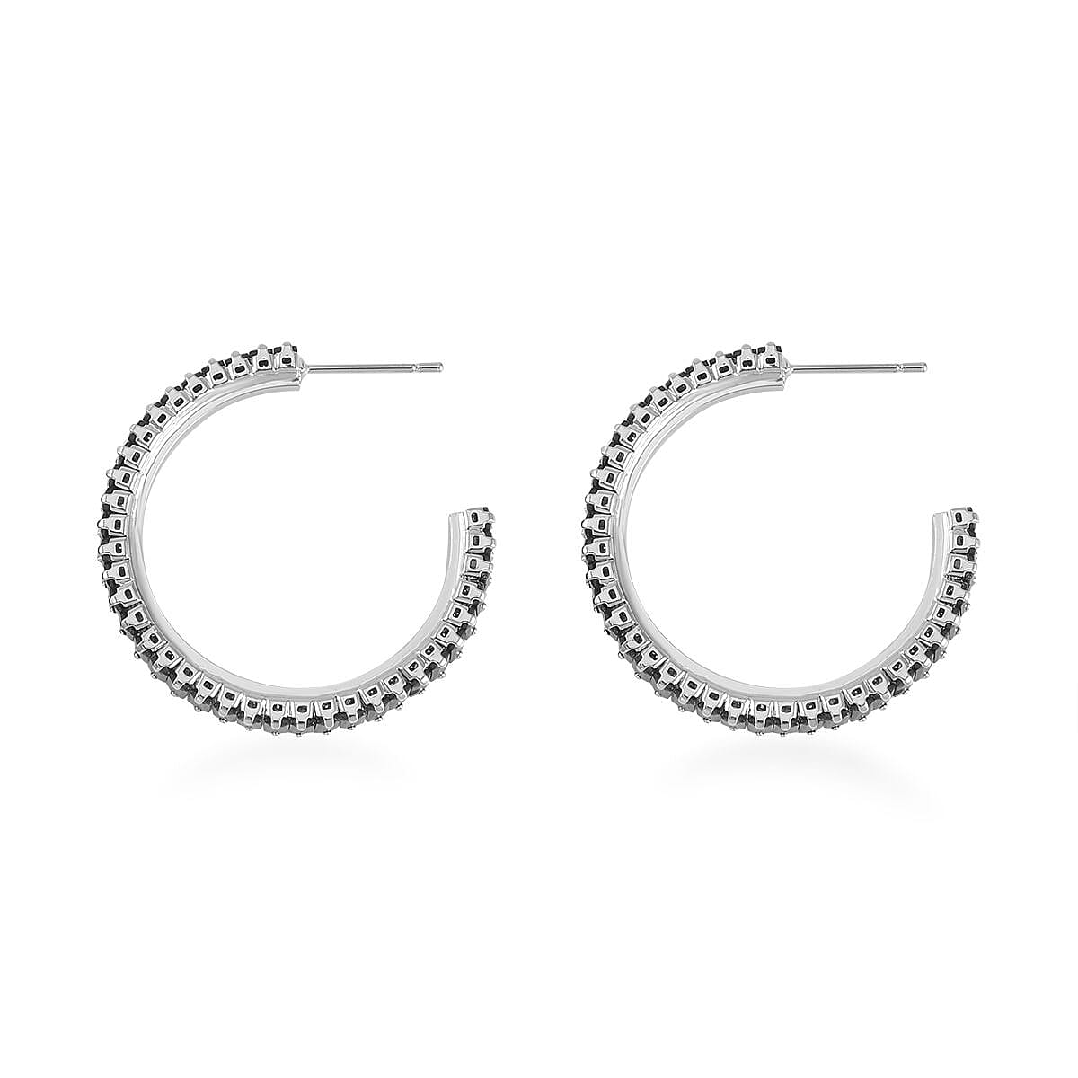 Simulated Black Diamond Hoop Earrings in Silvertone image number 3