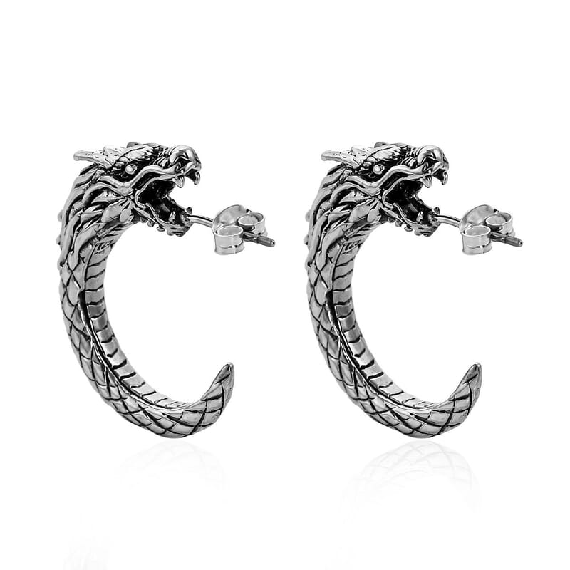 Bali Legacy Sterling Silver Dragon J-Hoop Earrings 10.65 Grams
