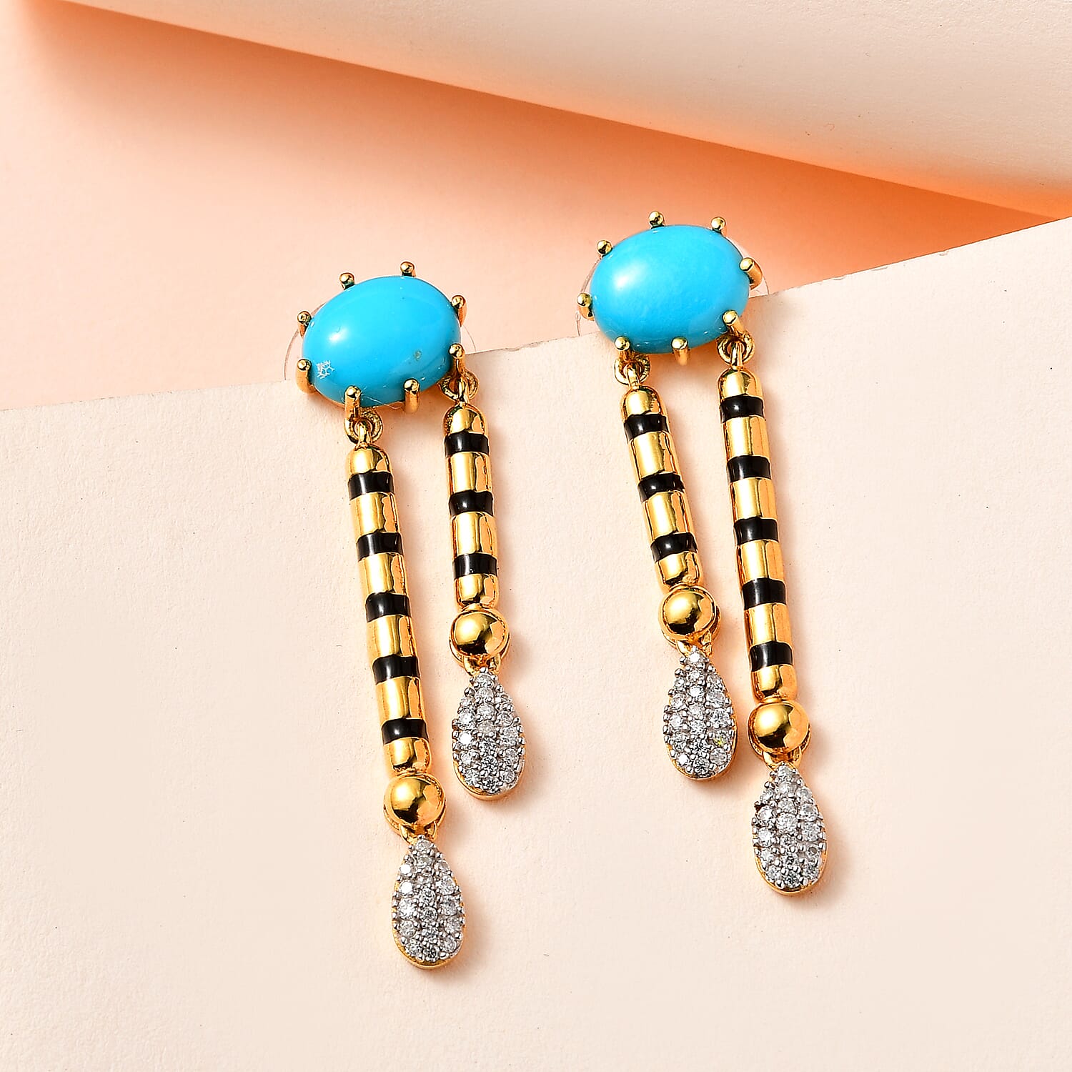 Sleeping Beauty Turquoise and Moissanite Dangling Earrings in Vermeil Yellow Gold Over Sterling Silver 4.85 ctw