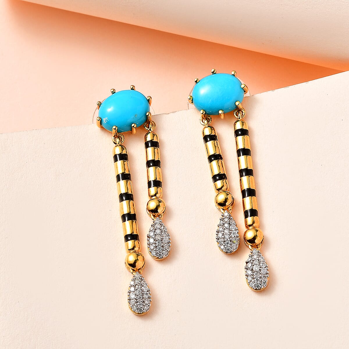 Sleeping Beauty Turquoise and Moissanite Dangling Earrings in Vermeil Yellow Gold Over Sterling Silver 4.85 ctw image number 1