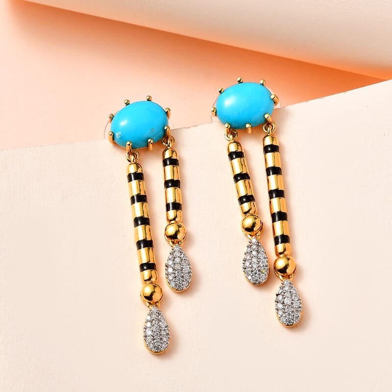Sleeping Beauty Turquoise and Moissanite Dangling Earrings in Vermeil Yellow Gold Over Sterling Silver 4.85 ctw