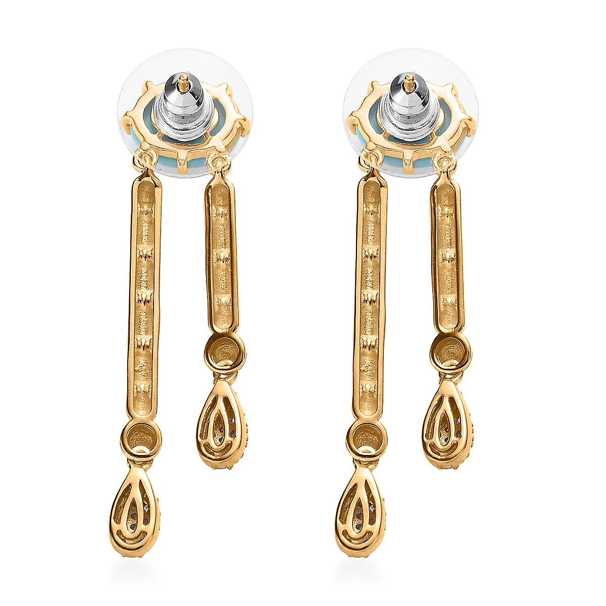 Sleeping Beauty Turquoise and Moissanite Dangling Earrings in Vermeil Yellow Gold Over Sterling Silver 4.85 ctw image number 3
