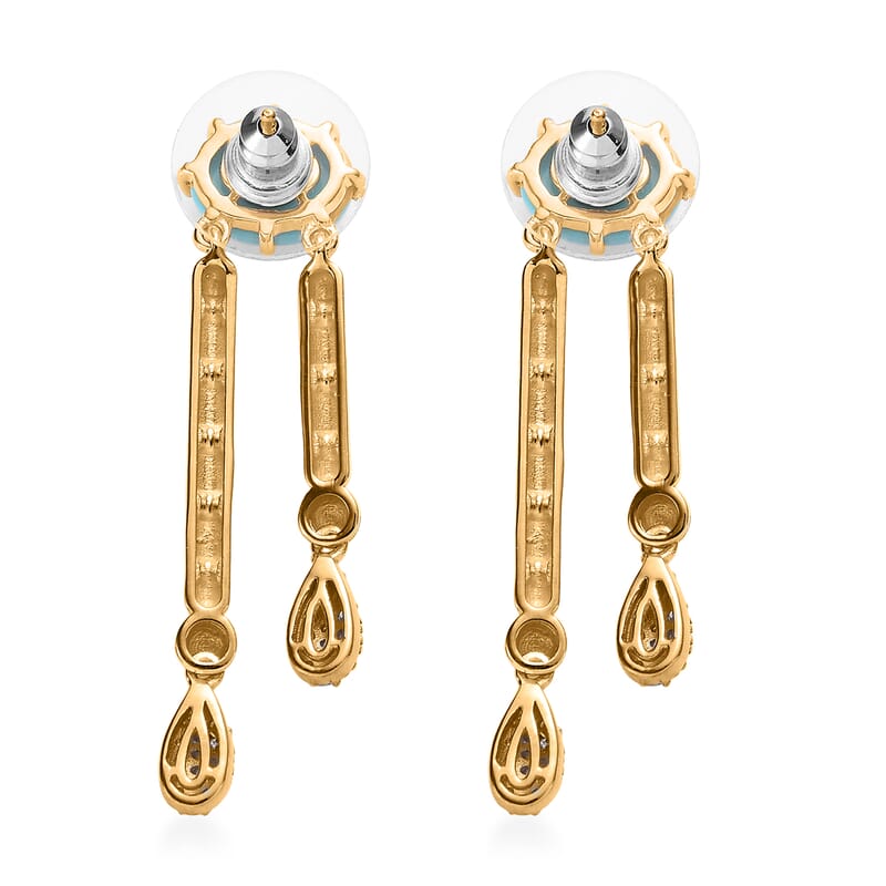 Sleeping Beauty Turquoise and Moissanite Dangling Earrings in Vermeil Yellow Gold Over Sterling Silver 4.85 ctw