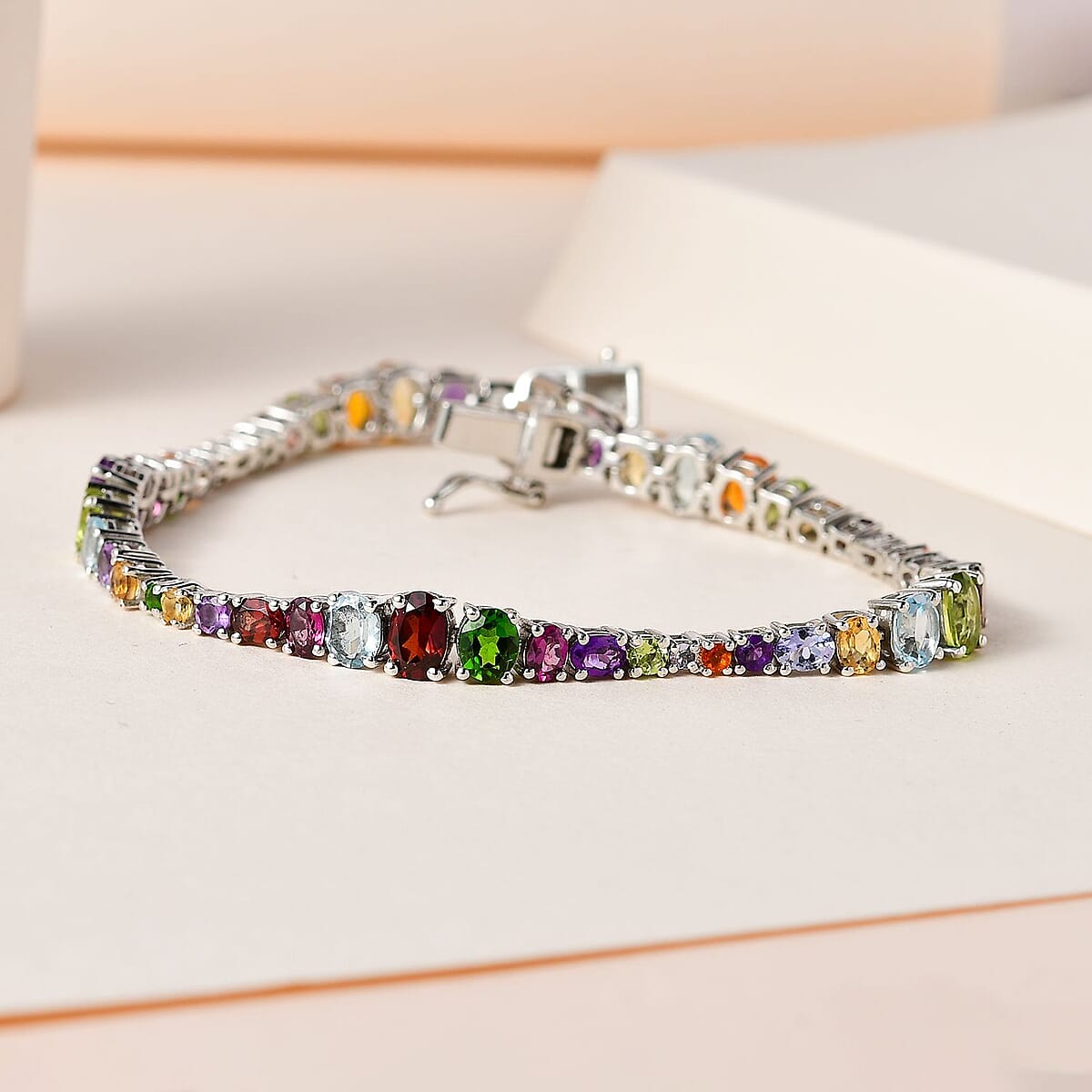 Multi Gemstone Rainbow Tennis Bracelet in Platinum Over Sterling Silver (7.25 In) 10.50 ctw image number 1