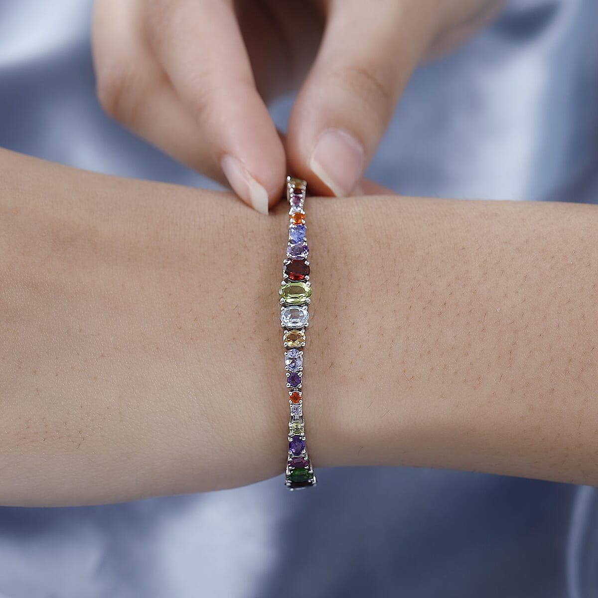 Multi Gemstone Rainbow Tennis Bracelet in Platinum Over Sterling Silver (7.25 In) 10.50 ctw image number 2
