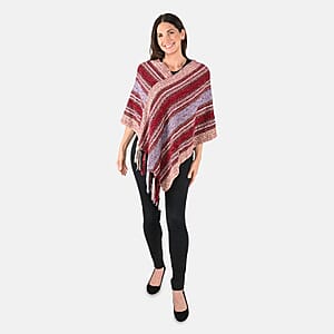 Closeout Deal Tamsy Wine and Gray Stripe Pattern Women's soft Knitted Poncho - One Size Fits Most