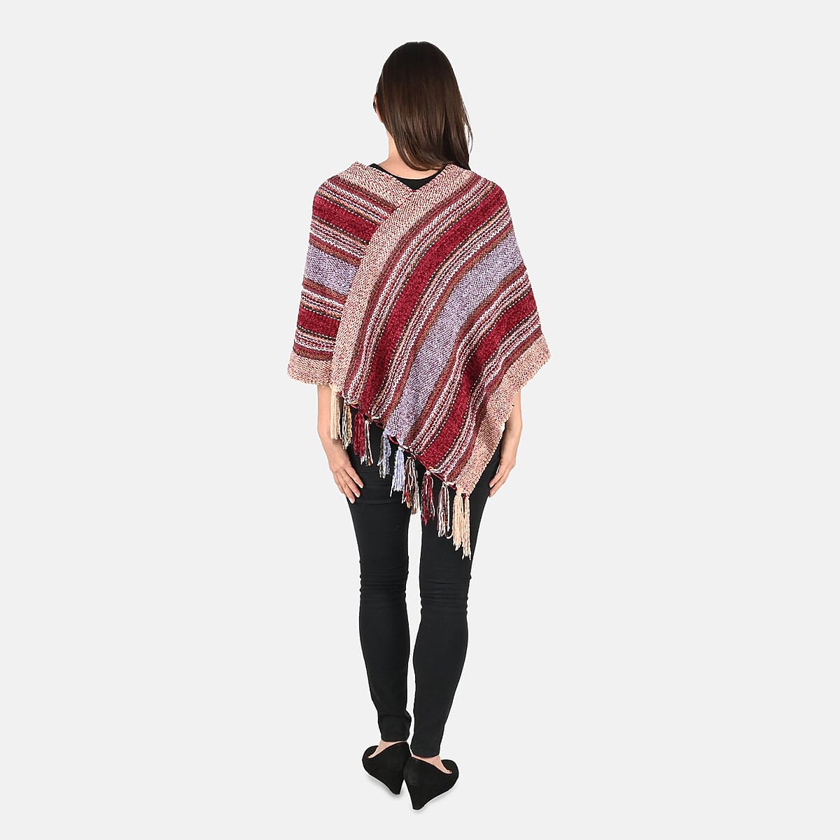 Closeout Deal Tamsy Wine and Gray Stripe Pattern Women's soft Knitted Poncho - One Size Fits Most image number 1