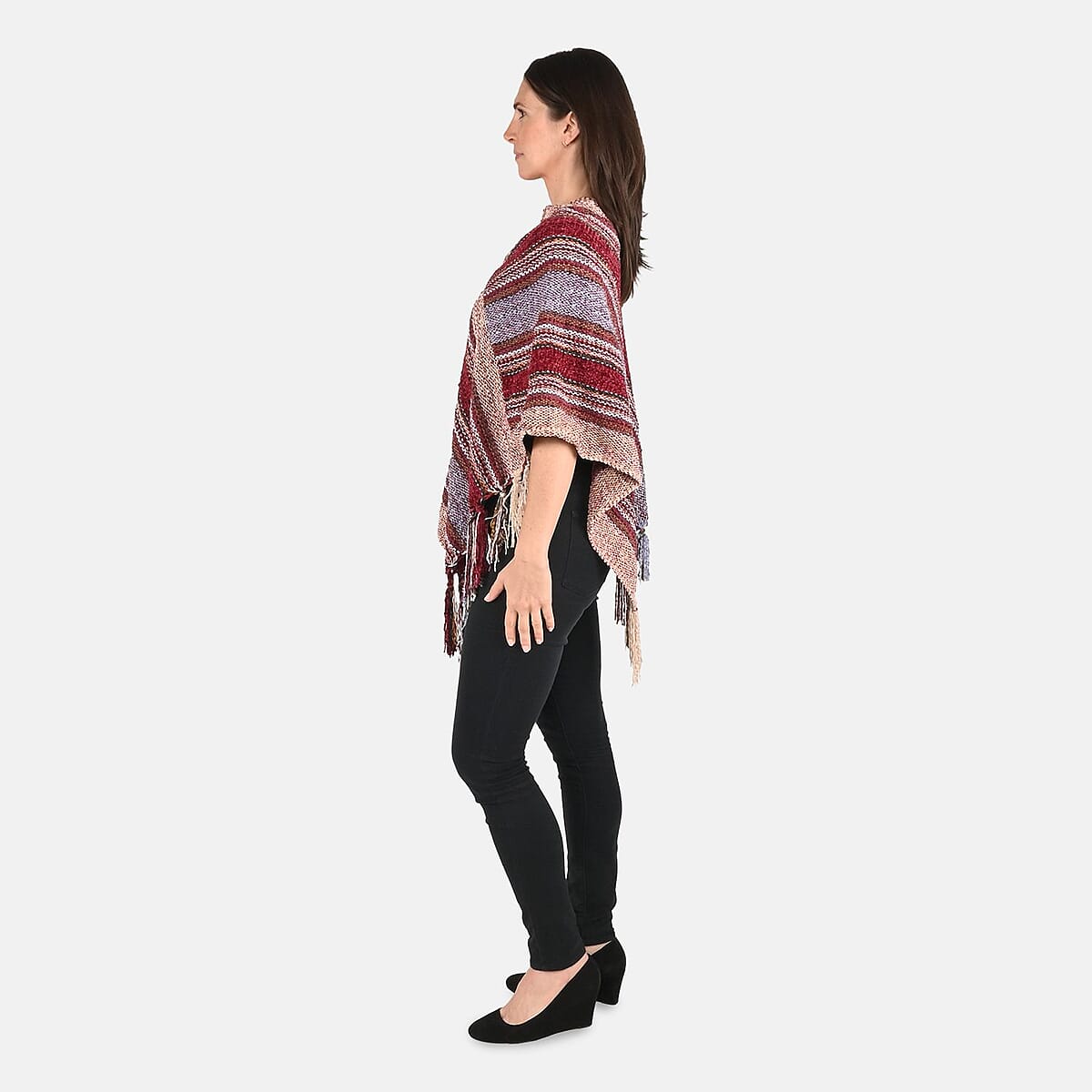 Closeout Deal Tamsy Wine and Gray Stripe Pattern Women's soft Knitted Poncho - One Size Fits Most image number 2