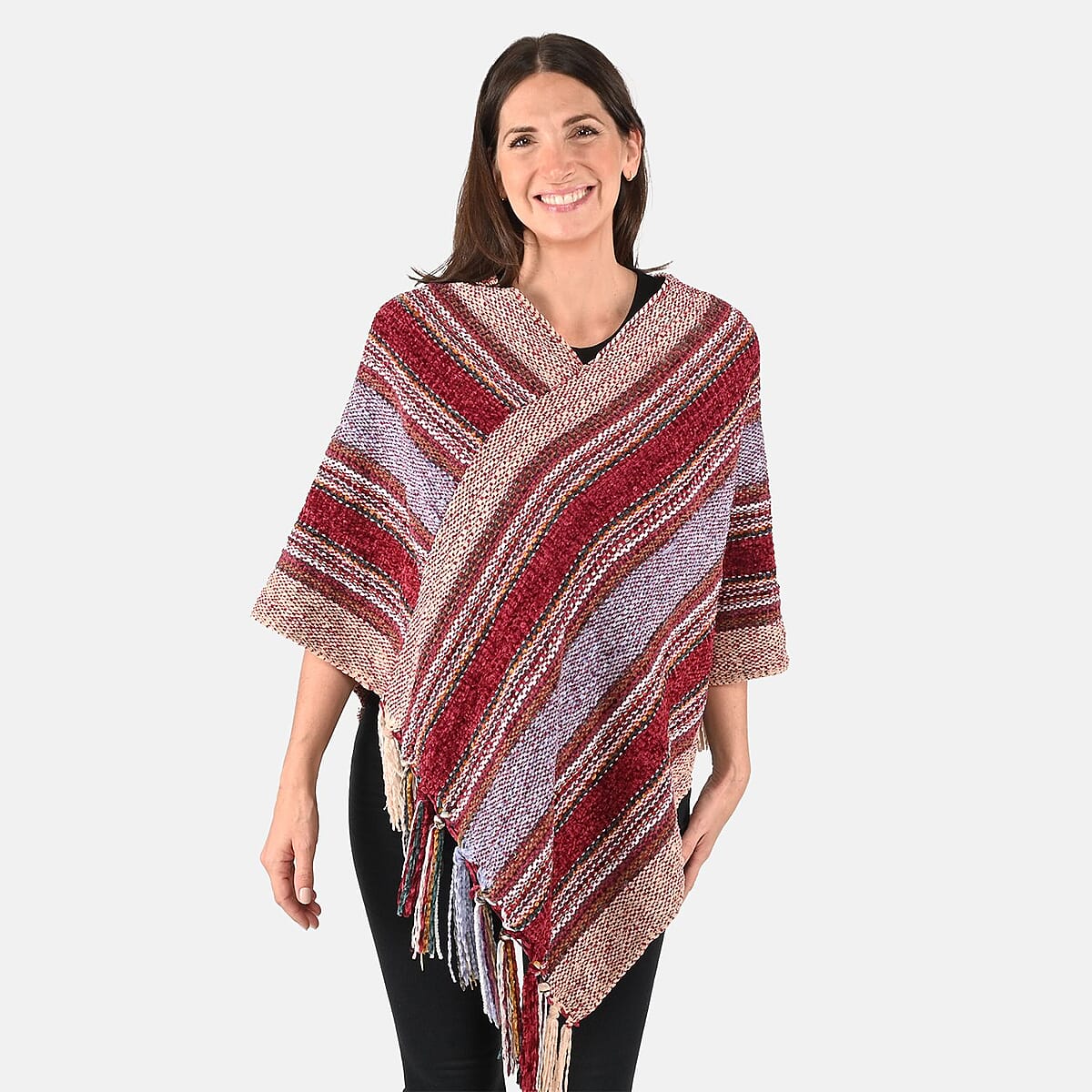 Closeout Deal Tamsy Wine and Gray Stripe Pattern Women's soft Knitted Poncho - One Size Fits Most image number 3