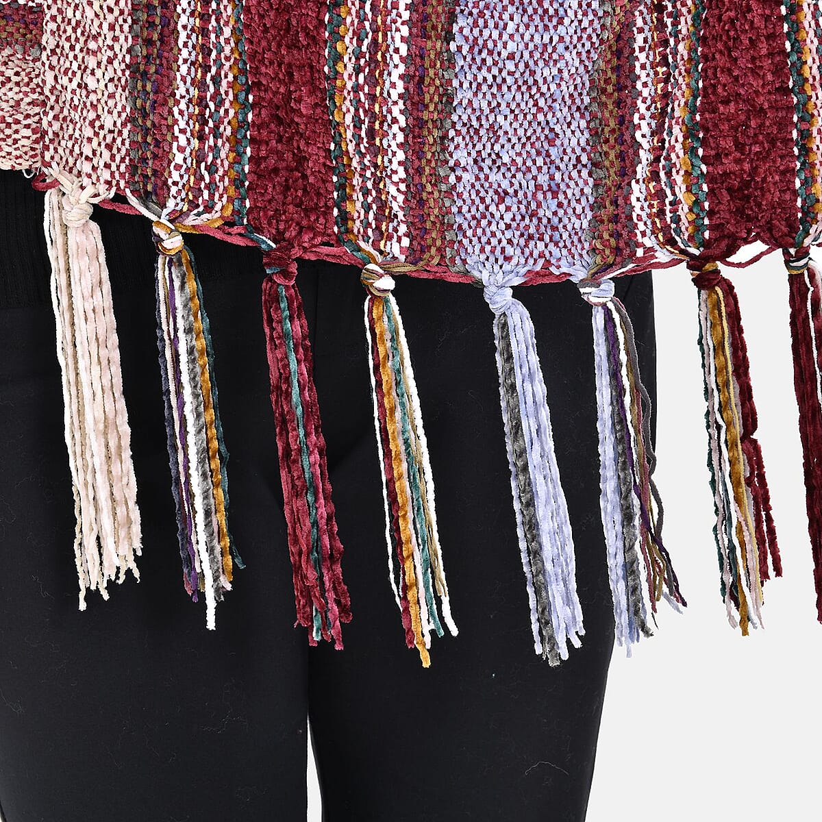 Closeout Deal Tamsy Wine and Gray Stripe Pattern Women's soft Knitted Poncho - One Size Fits Most image number 5