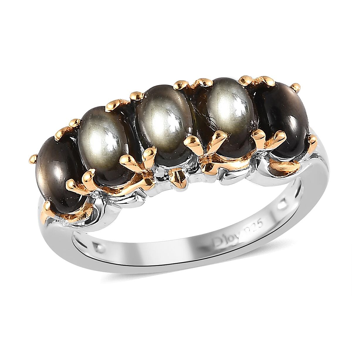 Bankacha Natural Black Star Sapphire 5 Stone Ring in Vermeil YG and Platinum Over Sterling Silver (Size 5.0) 3.15 ctw