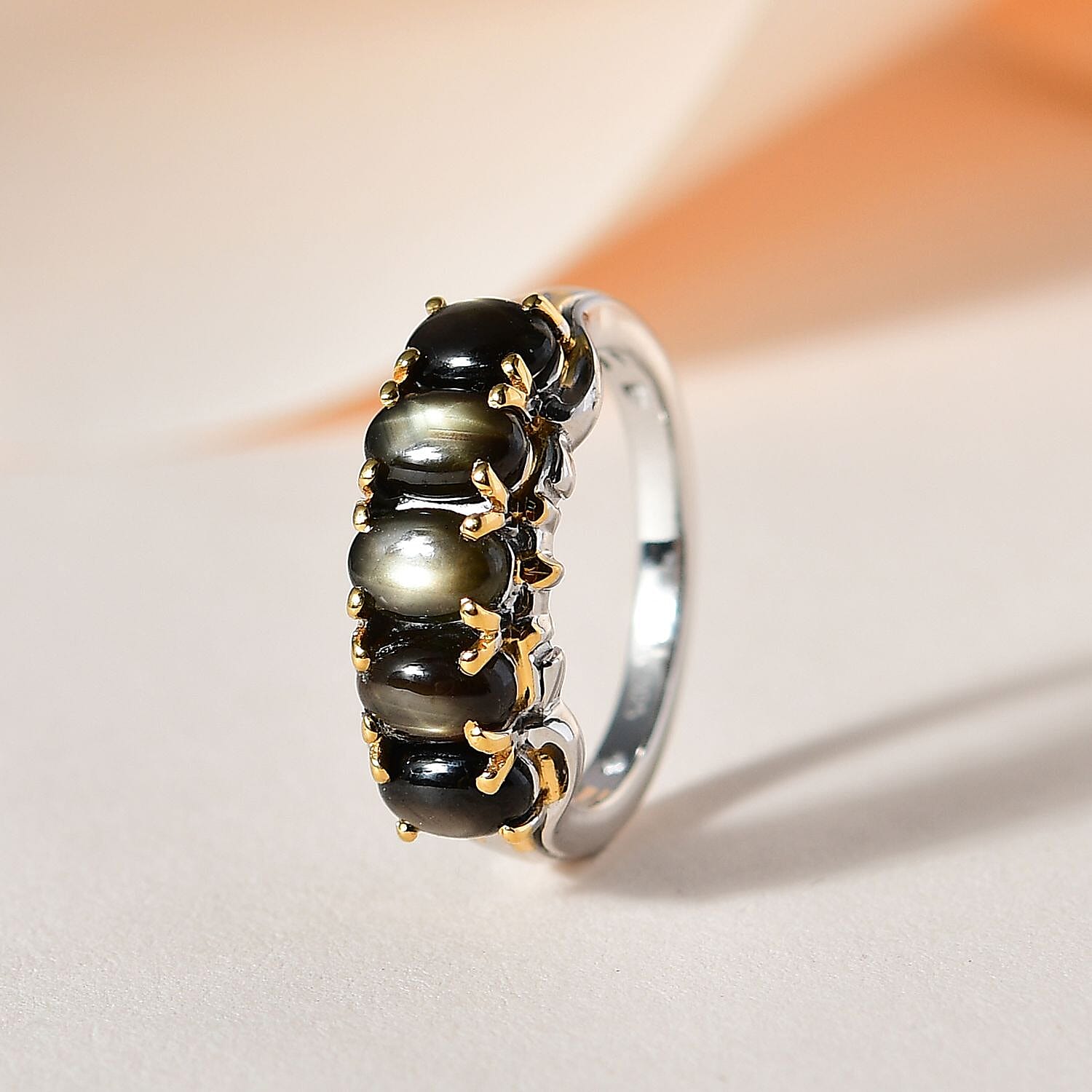 Bankacha Natural Black Star Sapphire 5 Stone Ring in Vermeil YG and Platinum Over Sterling Silver (Size 5.0) 3.15 ctw