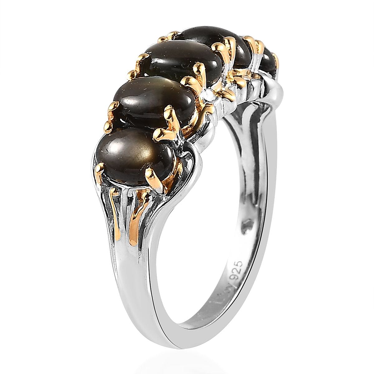 Bankacha Natural Black Star Sapphire 5 Stone Ring in Vermeil YG and Platinum Over Sterling Silver (Size 5.0) 3.15 ctw