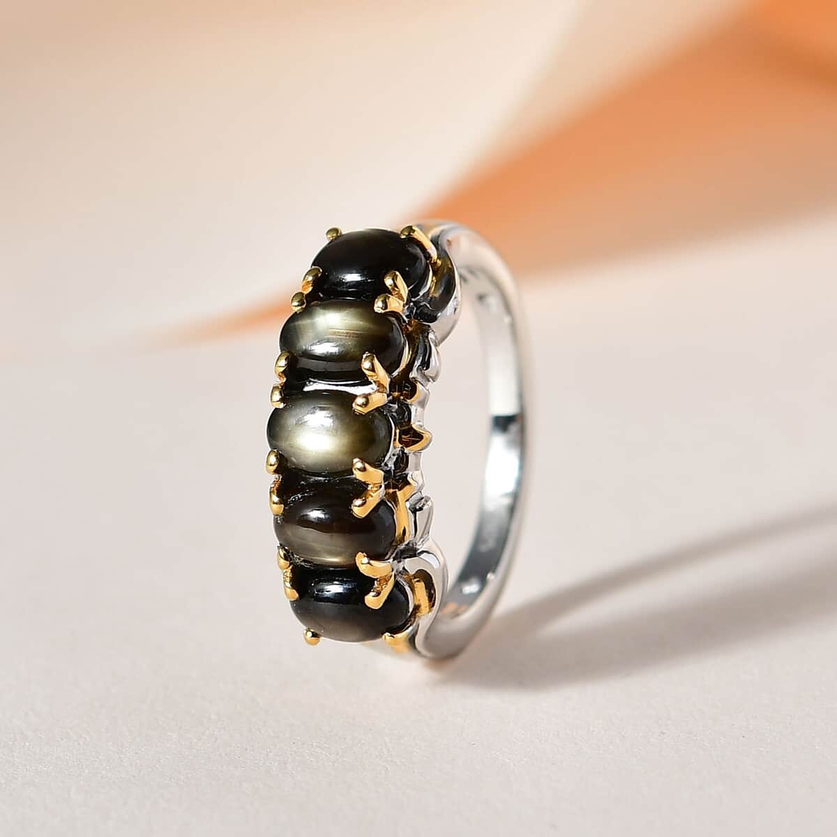 Bankacha Natural Black Star Sapphire 5 Stone Ring in Vermeil YG and Platinum Over Sterling Silver (Size 7.0) 3.15 ctw image number 1