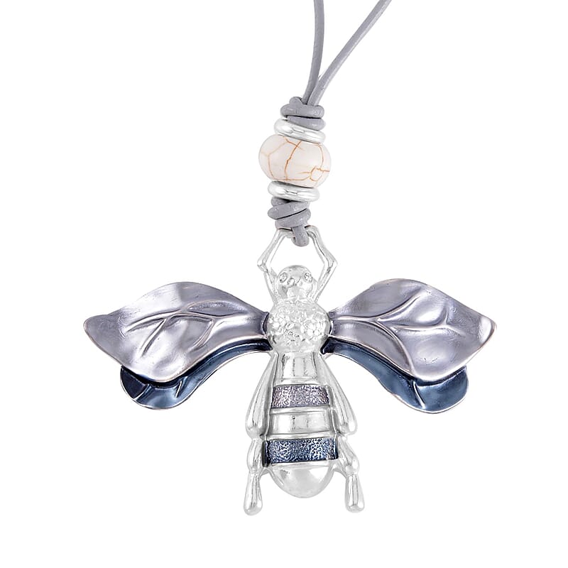 Grey Agate, Constituted White Howlite and Enameled Necklace 28-30 Inches in Silvertone 4.50 ctw
