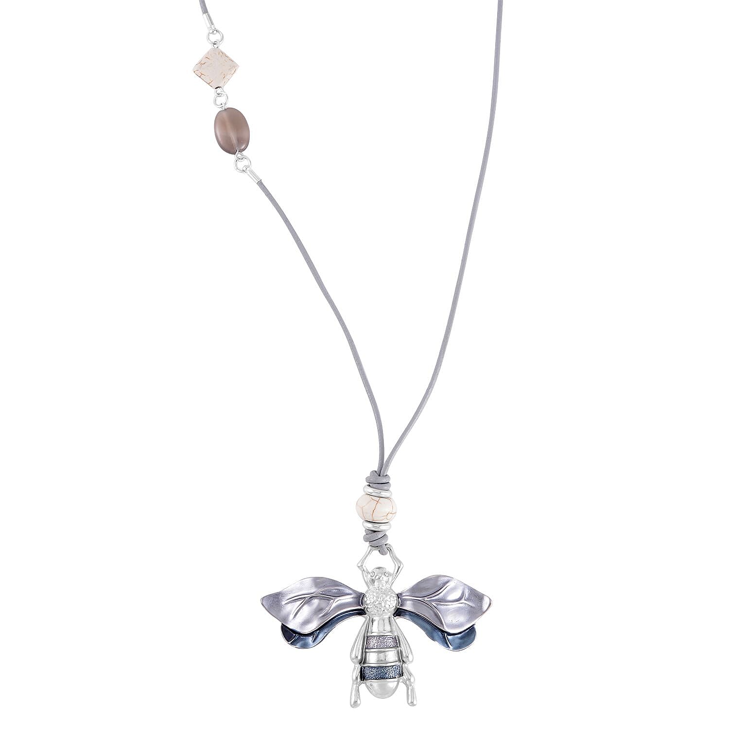 Grey Agate, Constituted White Howlite and Enameled Necklace 28-30 Inches in Silvertone 4.50 ctw