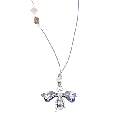 Grey Agate, Constituted White Howlite and Enameled Necklace 28-30 Inches in Silvertone 4.50 ctw