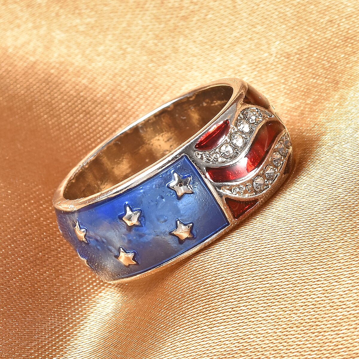 White Austrian Crystal US Flag Pattern Ring in Silvertone (Size 7.25) image number 1