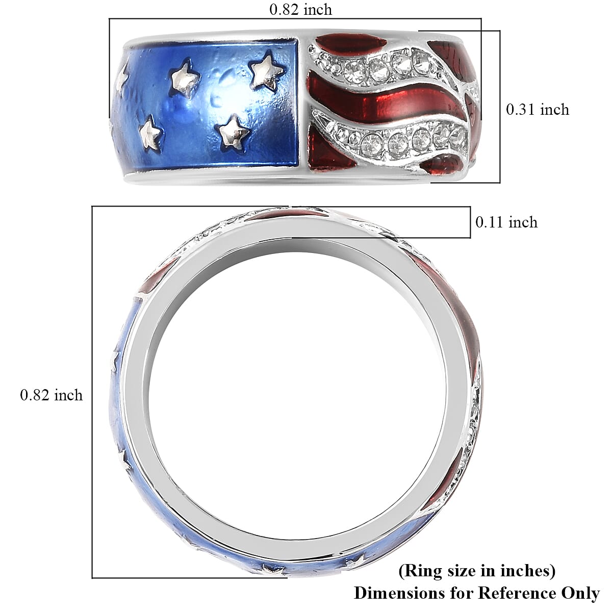 White Austrian Crystal US Flag Pattern Ring in Silvertone (Size 7.25) image number 6