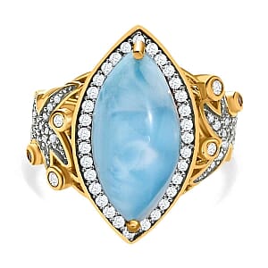 Larimar and White Zircon 6.97 ctw Ring in 14K YG Over Sterling Silver (Size 10)