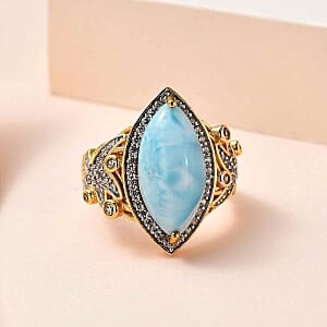 Larimar and White Zircon 6.97 ctw Ring in 14K YG Over Sterling Silver (Size 10)