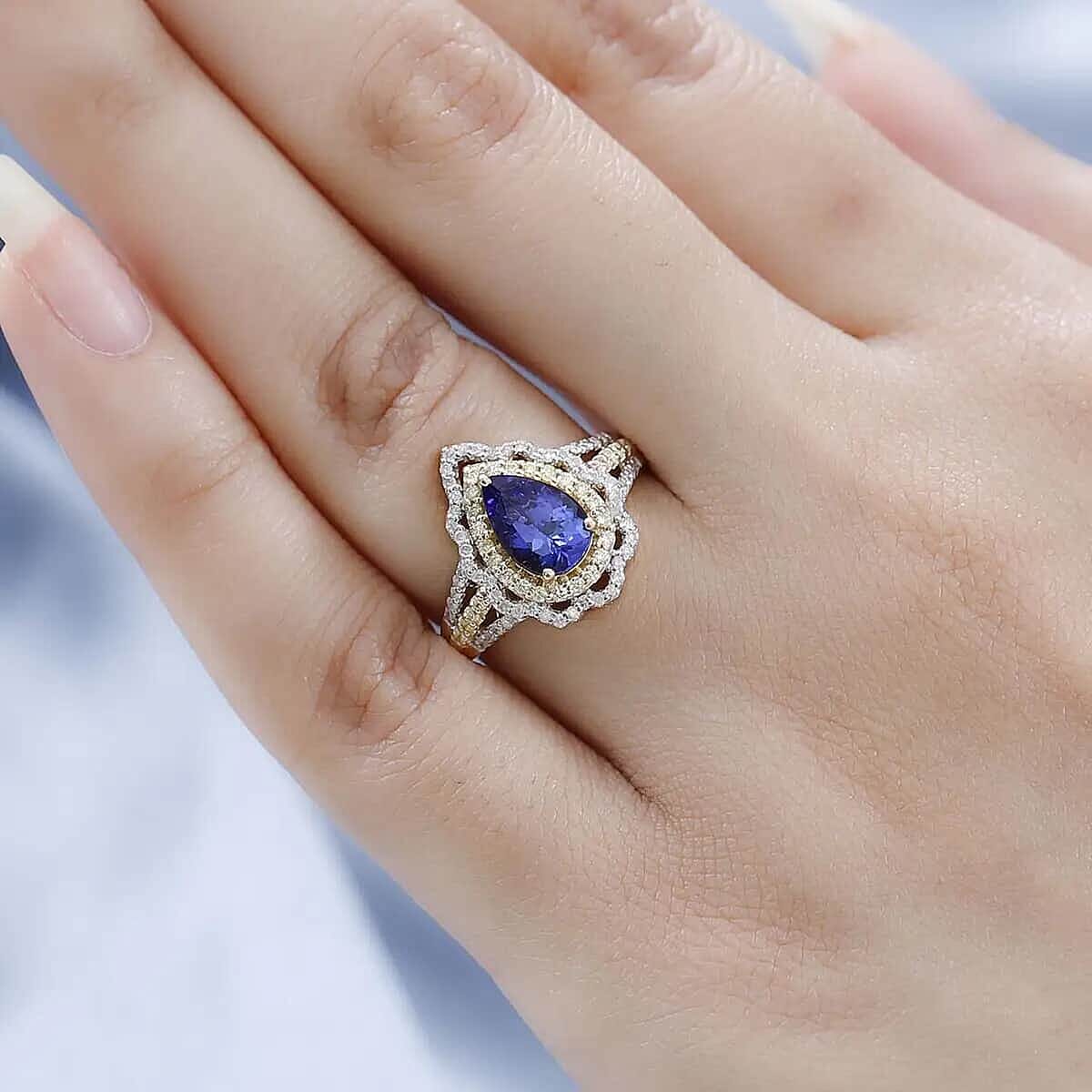 Luxoro 10K Yellow Gold Premium Tanzanite and I3 Natural Yellow and White Diamond Split Shank Double Halo Ring, Promise Rings (Size 8.0) 1.85 ctw image number 5