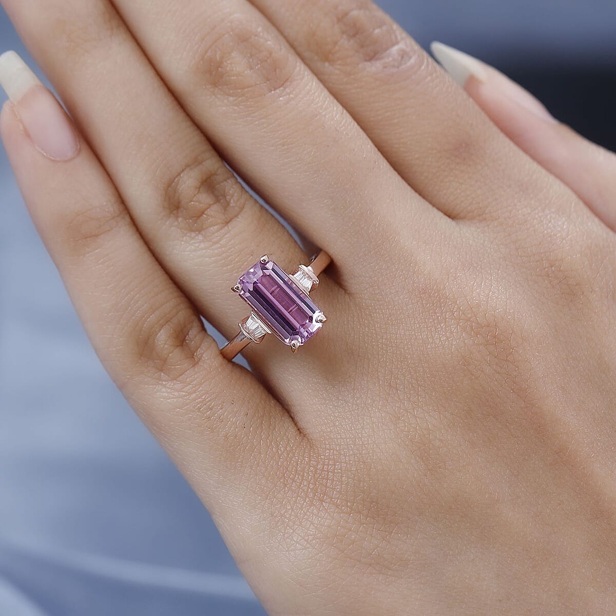 AAA Patroke Kunzite and White Zircon Ring in Vermeil Rose Gold Over Sterling Silver (Size 7.0) 4.75 ctw image number 2