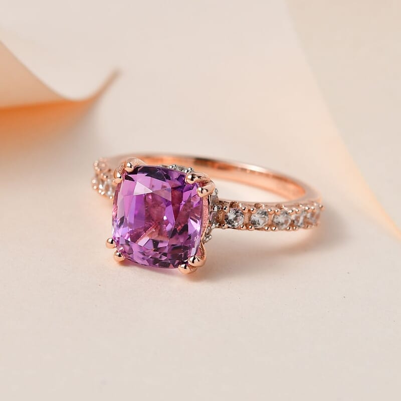 AAA Patroke Kunzite and White Zircon Ring in Vermeil Rose Gold Over Sterling Silver (Size 10.0) 4.10 ctw