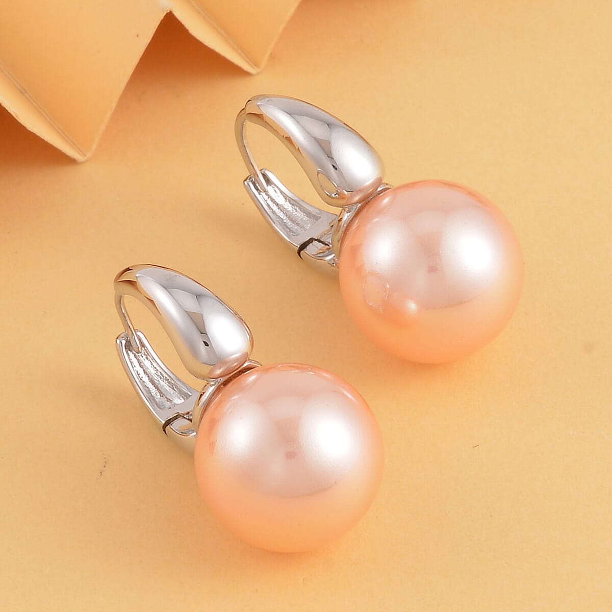 Peach Shell Pearl Earrings in Silvertone image number 1