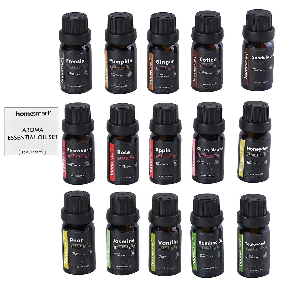 Set of 15 Essential Oil (Pumpkin, Coffee, Vanilla, Ginger, Rose, Jasmine, Freesia, Cherry Blossom, Apple, Pear, Strawberry, Honeydew, Sandalwood, Teakwood, Bamboo) image number 0