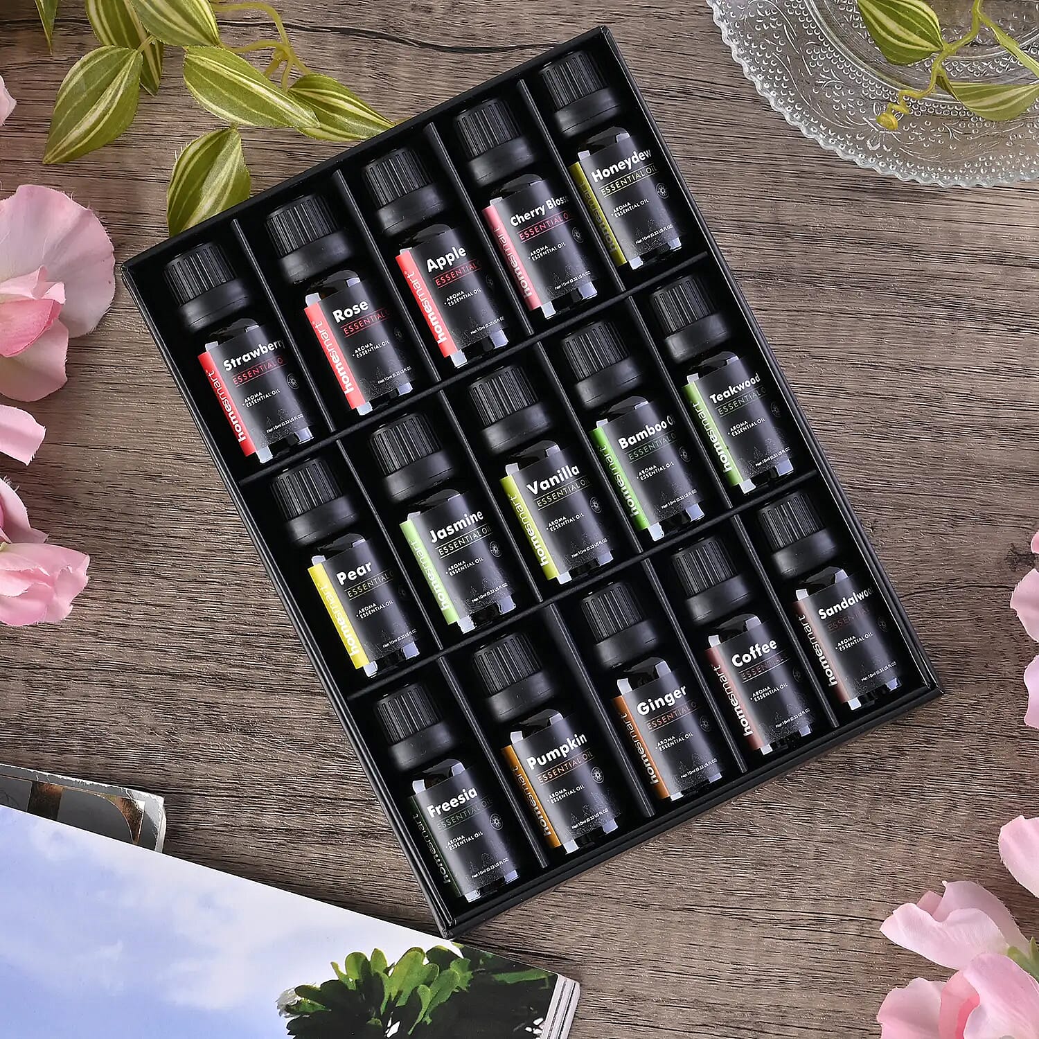 Set of 15 Essential Oil (Pumpkin, Coffee, Vanilla, Ginger, Rose, Jasmine, Freesia, Cherry Blossom, Apple, Pear, Strawberry, Honeydew, Sandalwood, Teakwood, Bamboo)