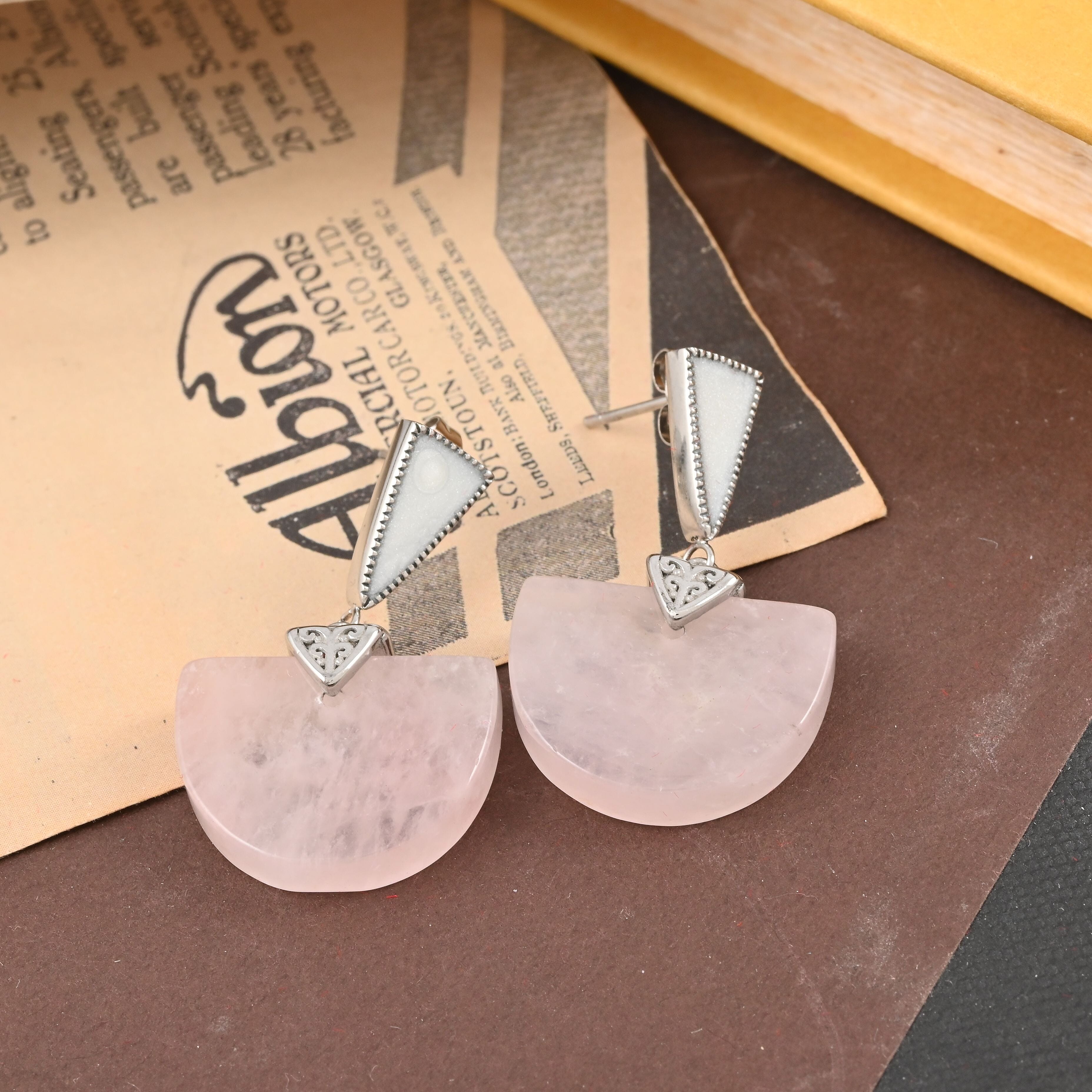 Galilea Rose Quartz, Enameled Earrings in Stainless Steel 17.50 ctw | Tarnish-Free, Waterproof, Sweat Proof Jewelry