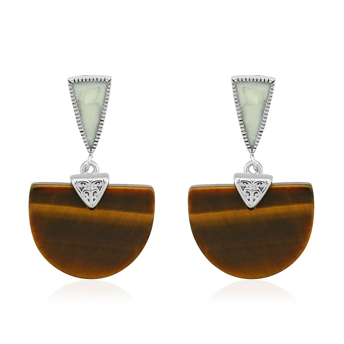 Yellow Tiger's Eye, Enameled Earrings in Stainless Steel 17.50 ctw , Tarnish-Free, Waterproof, Sweat Proof Jewelry image number 0