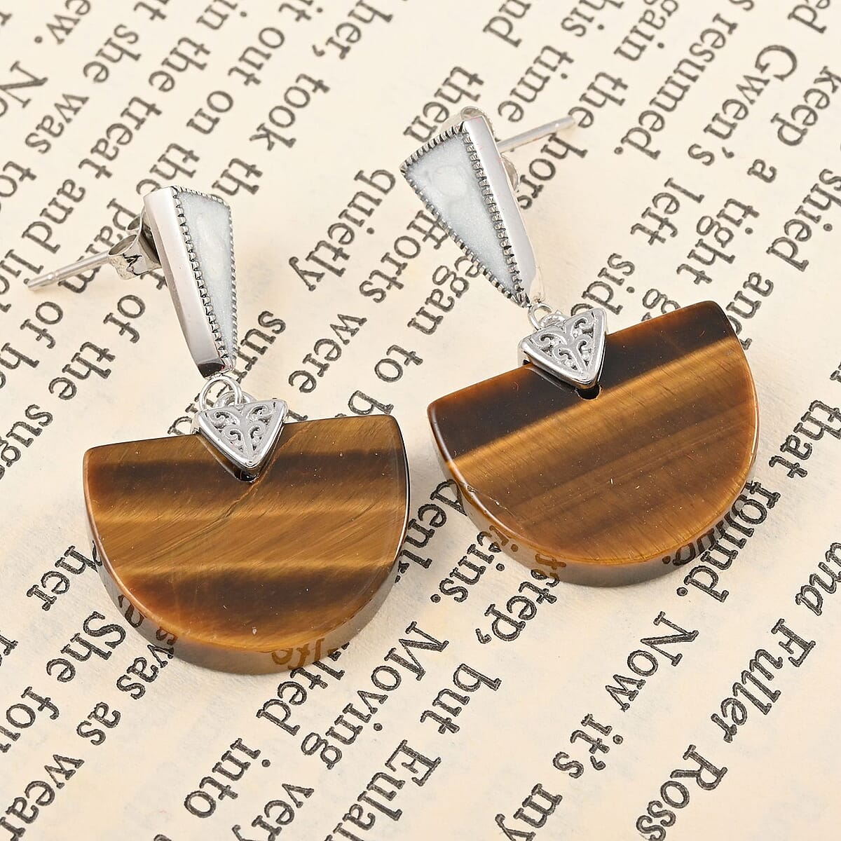 Yellow Tiger's Eye, Enameled Earrings in Stainless Steel 17.50 ctw , Tarnish-Free, Waterproof, Sweat Proof Jewelry image number 1