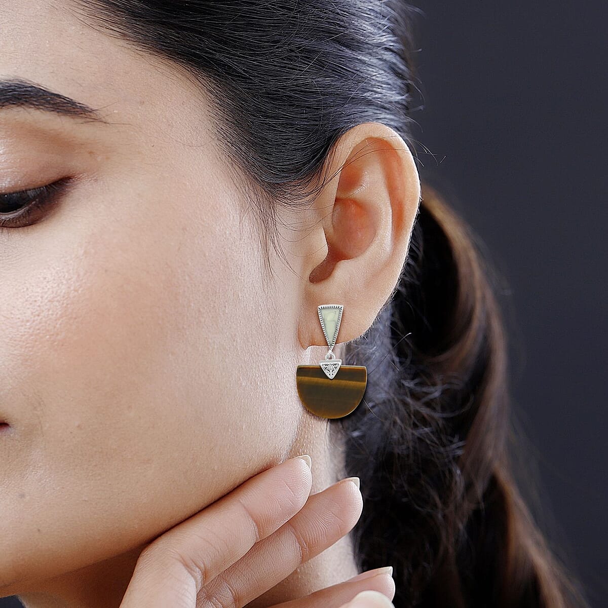 Yellow Tiger's Eye, Enameled Earrings in Stainless Steel 17.50 ctw , Tarnish-Free, Waterproof, Sweat Proof Jewelry image number 2
